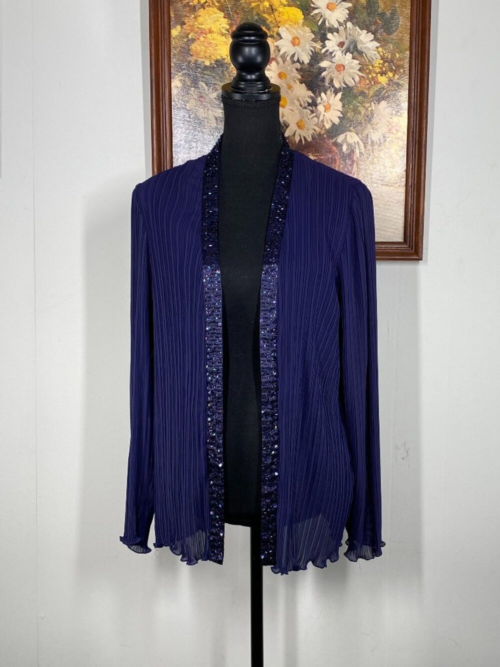 Vintage Patra Pleated Open Blouse Top Women's 16 Blue Beaded VTG